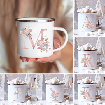 Pink Letter Flowers Enamel Coffee Mugs